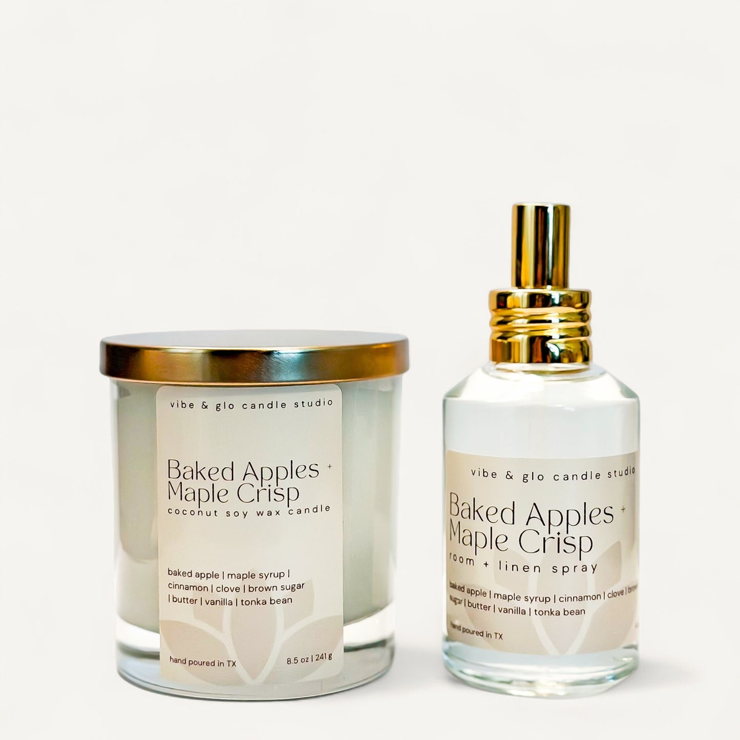 Baked Apples + Maple Crisp candle and room spray bundle featuring coconut soy wax, ideal for fall home fragrance.