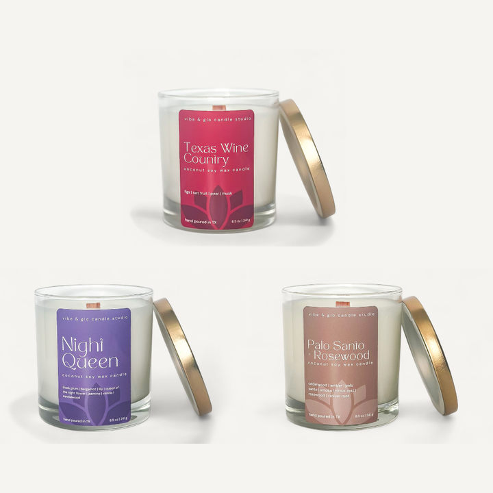 Three candles with different labels on a white background