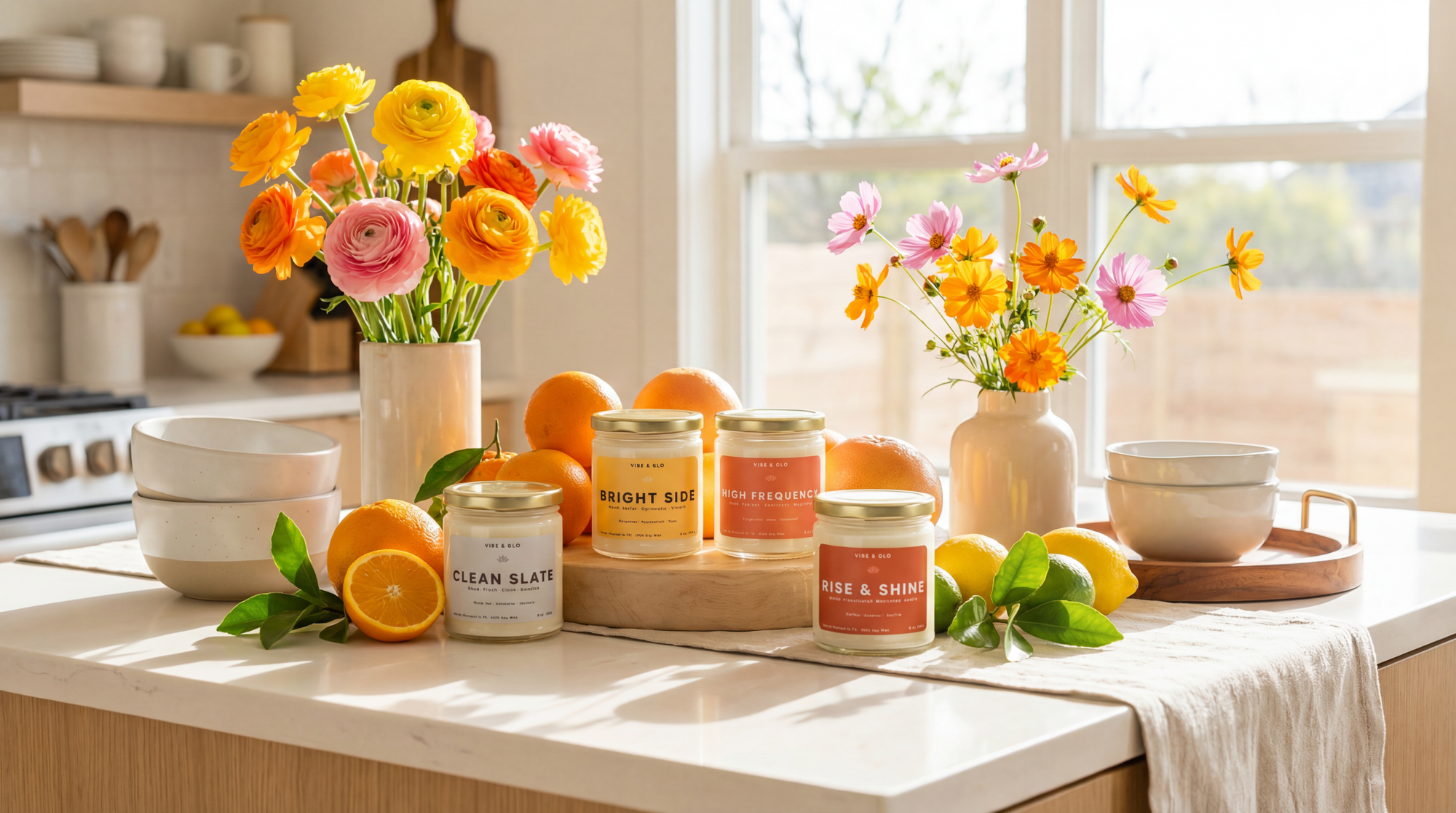 Vibe & Glo citrus candle collection with Bright Side, Clean Slate, High Frequency, and Rise & Shine styled on a sunny kitchen counter with fresh oranges and flowers