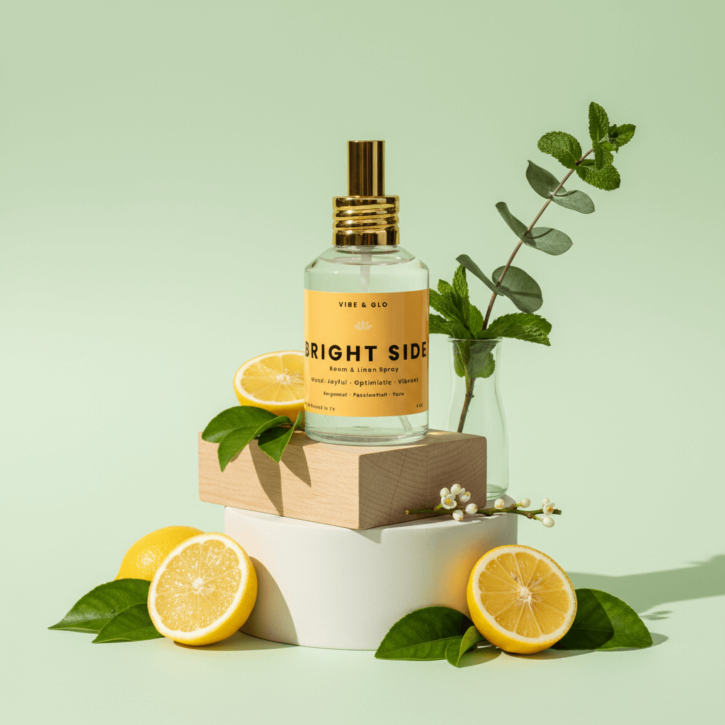 Vibe & Glo 'Bright Side' room & linen spray bottle with lemons and eucalyptus on a light green background