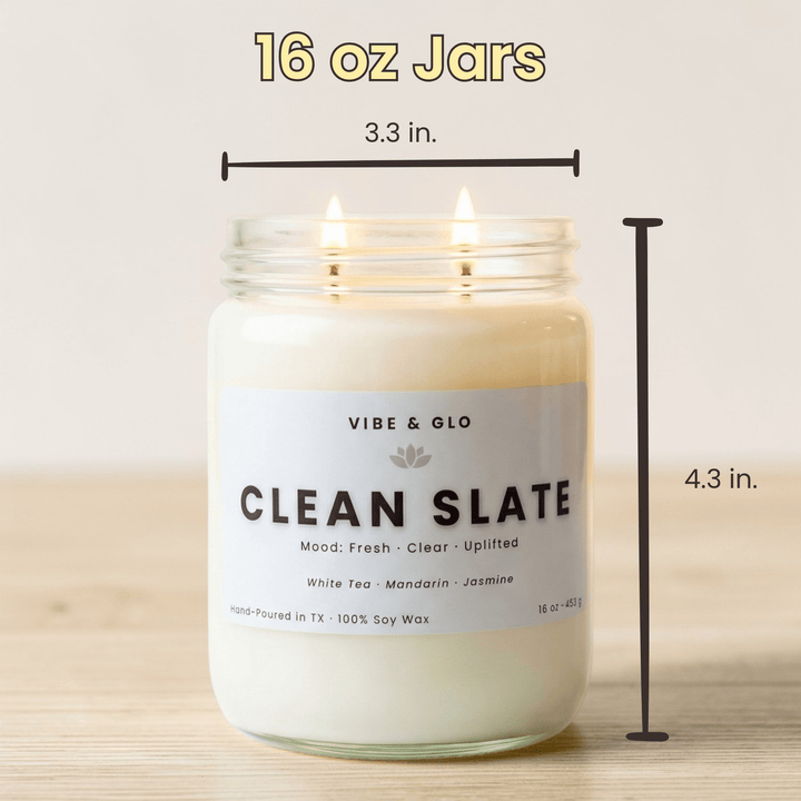 16 oz candle size dimensions vibe and glo soy candle clean slate jar width 3.3 inches height 4.3 inches double wick size reference