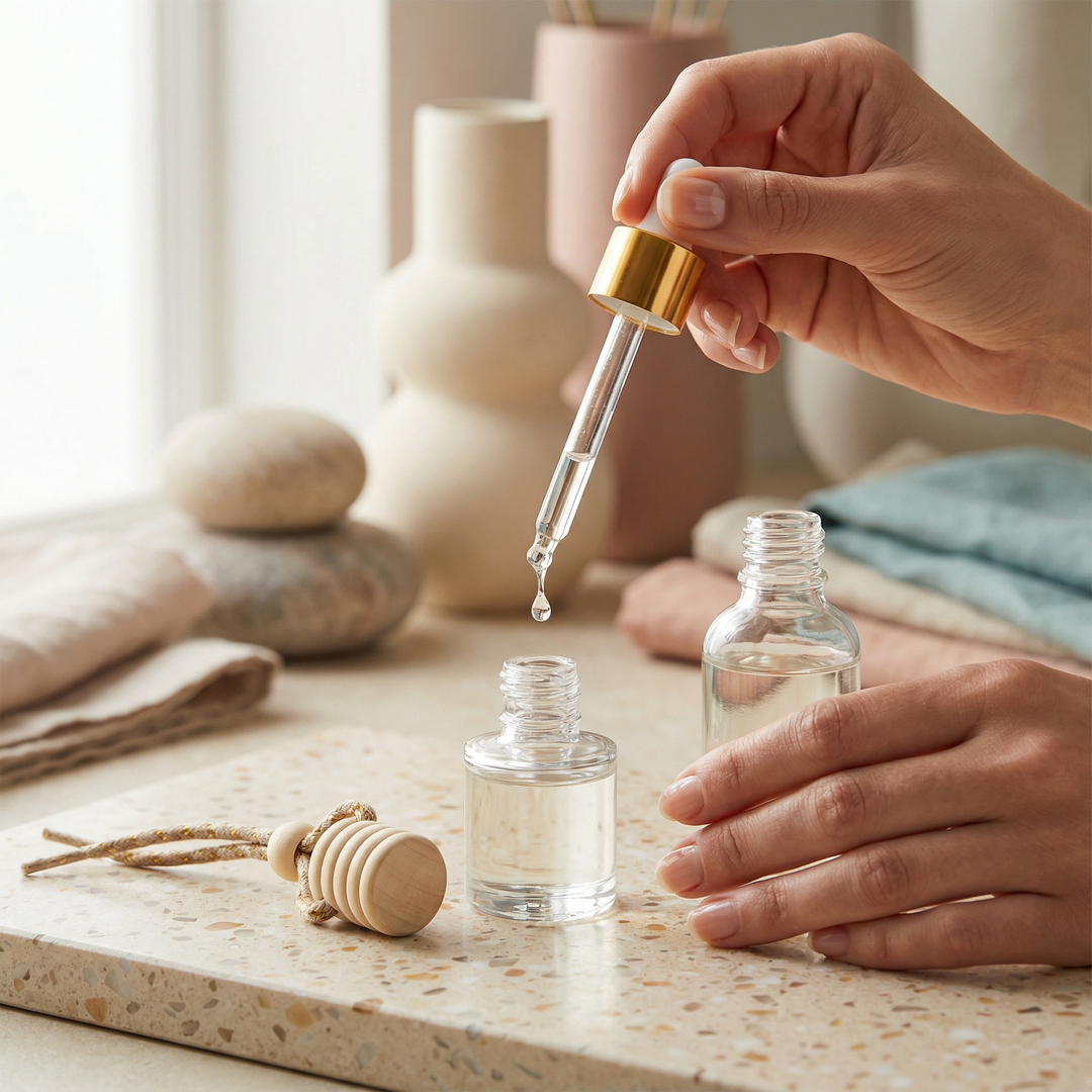 Hand using a dropper to transfer liquid from a car diffuser refill bottle to another car diffuser bottle