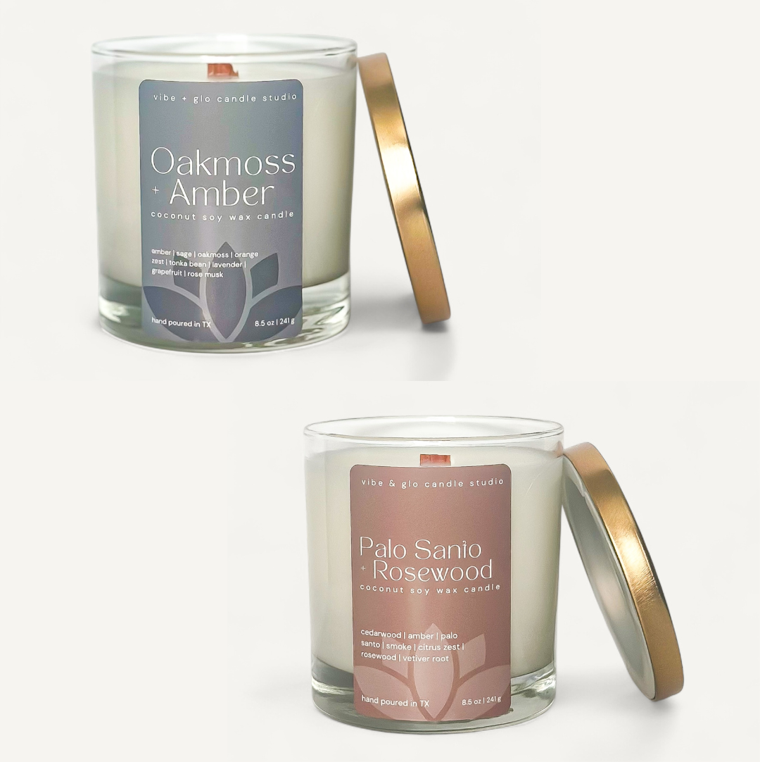 Two candles with labels on a white background