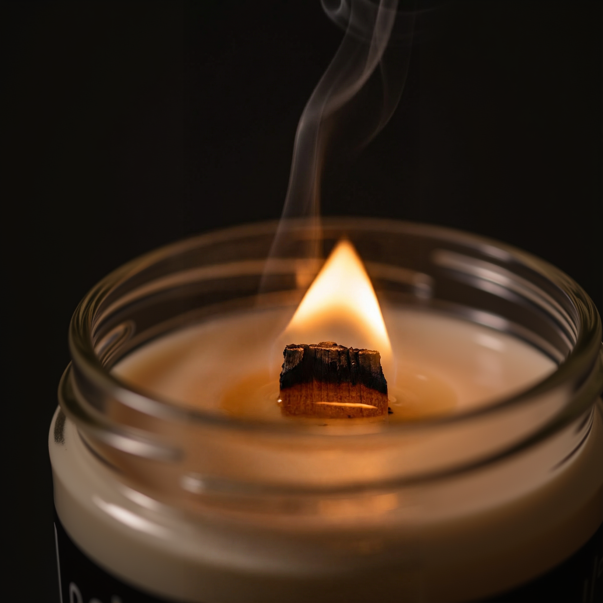 Close-up of a clean-burning wooden wick candle in a glass jar with a steady flame and soft smoke against a dark background.