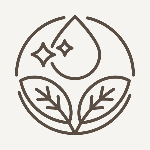 Icon of a droplet with leaves and stars inside a circle on a beige background