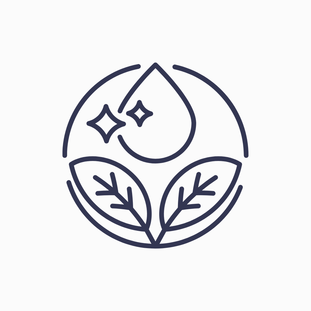 Modern line art icon featuring a water droplet with sparkles and two leaves, representing clean, natural ingredients.