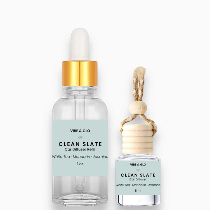 Vibe & Glo Clean Slate car diffuser refill and refills on a white background