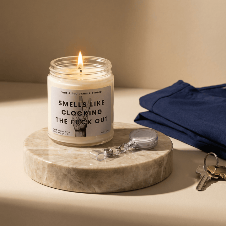 smells like clocking out candle funny work gift candle vibe and glo soy candle burnout humor office gift idea