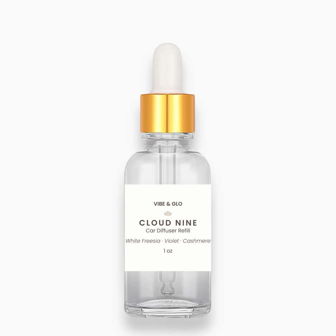 Vibe & Glo Cloud Nine car diffuser refill bottle on a white background