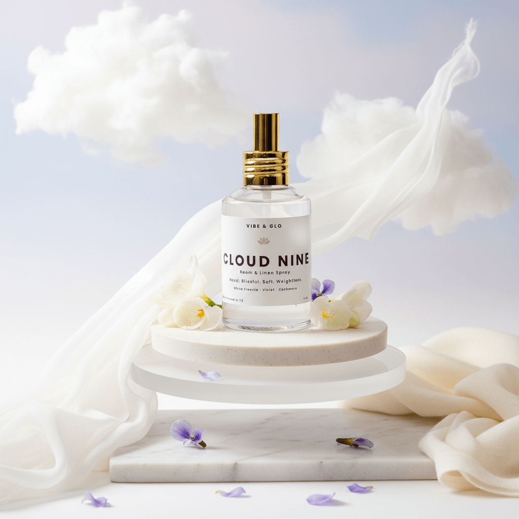 Cloud Nine room and linen spray bottle on a marble stand with white fabric and flowers in the background