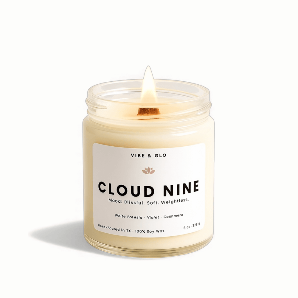 Candle labeled 'Cloud Nine' by Vibe & Glo on a white background
