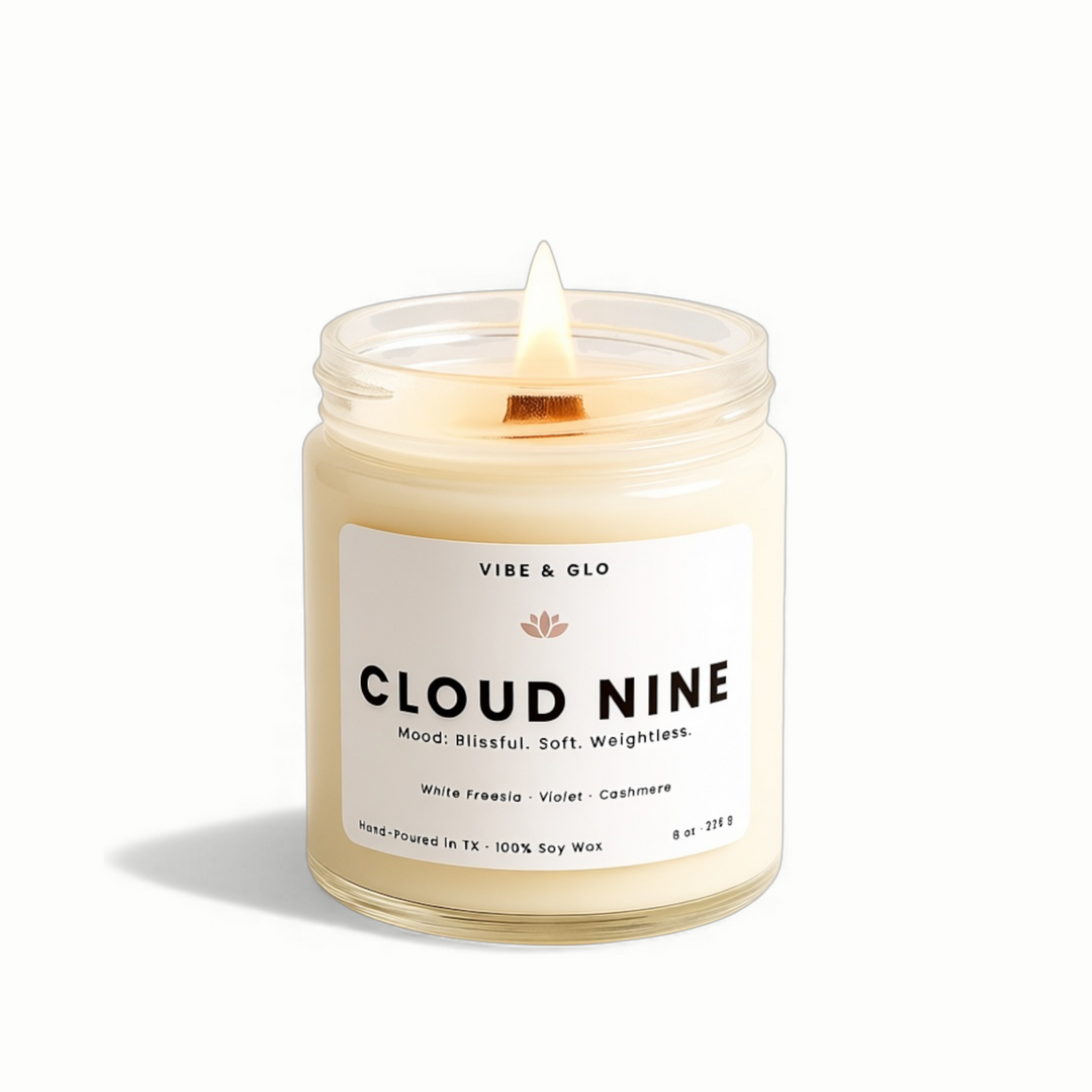 Candle labeled 'Cloud Nine' by Vibe & Glo on a white background