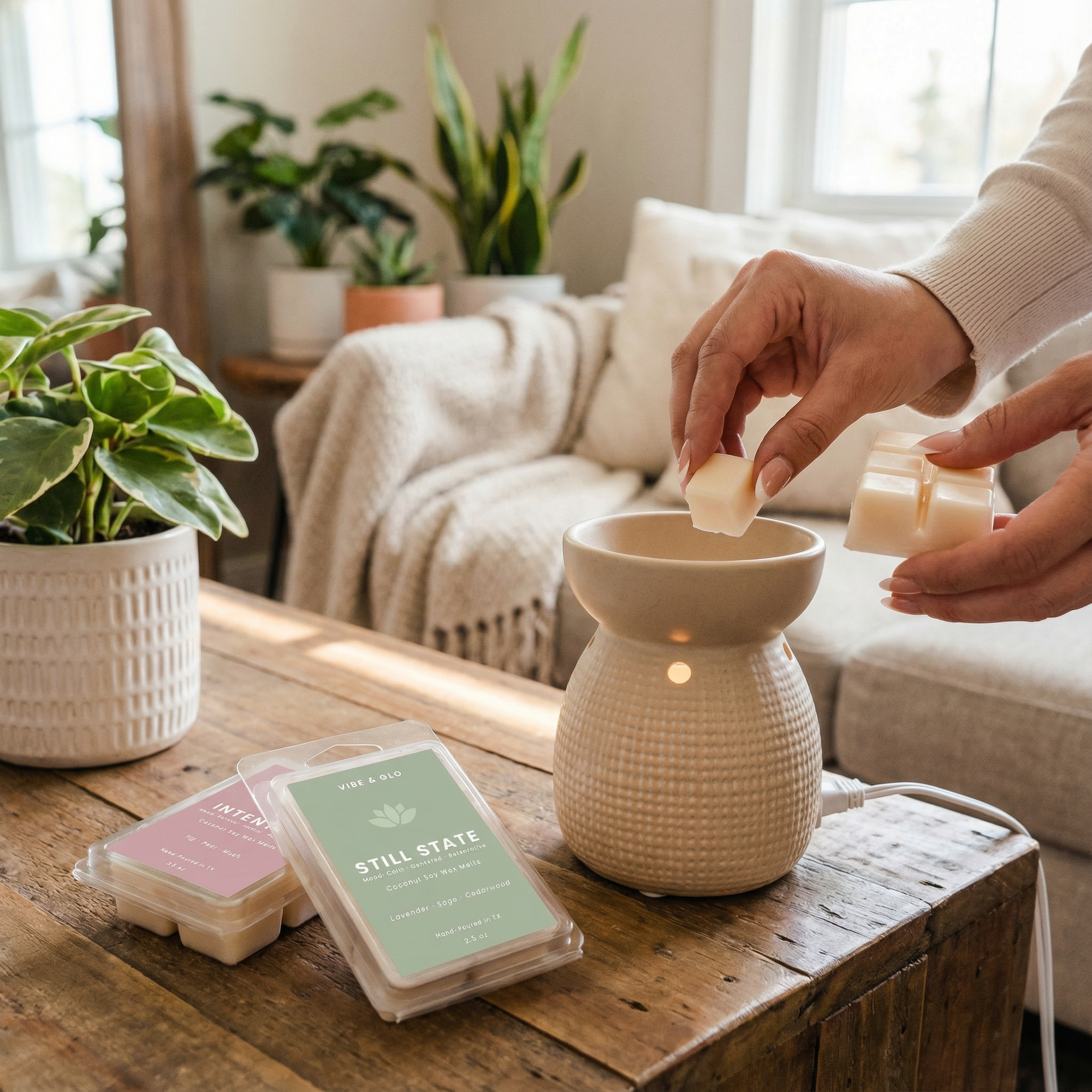 Non-toxic coconut soy wax melts being placed into a ceramic wax warmer in a cozy living room setting