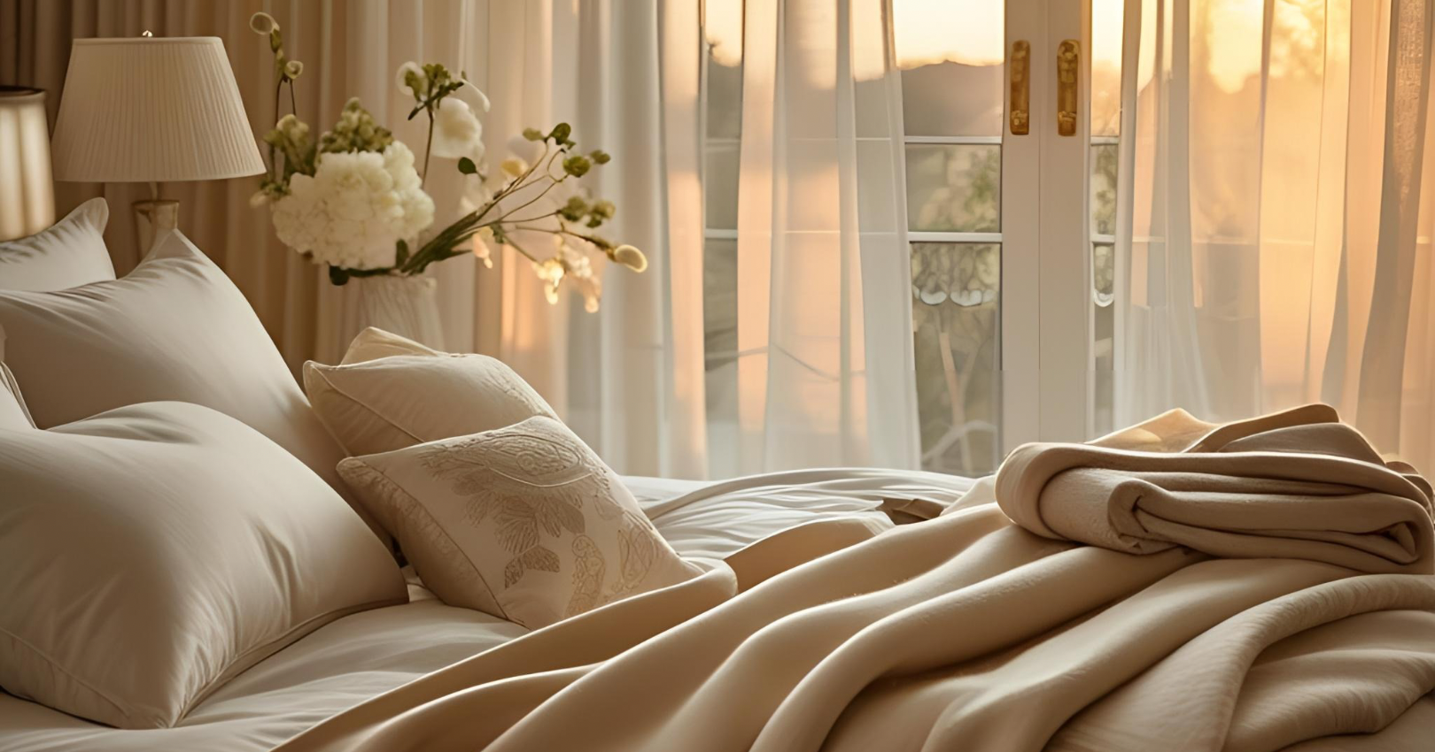 Cozy neutral-toned bedroom with soft pillows, folded blankets, and sheer curtains glowing in golden sunrise light — peaceful and serene morning ambiance.