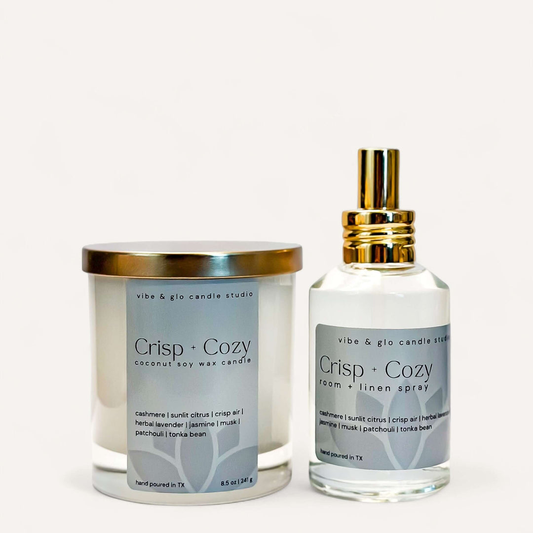 Crisp + Cozy Bundle featuring coconut soy candle and room & linen spray for cozy autumn ambiance.