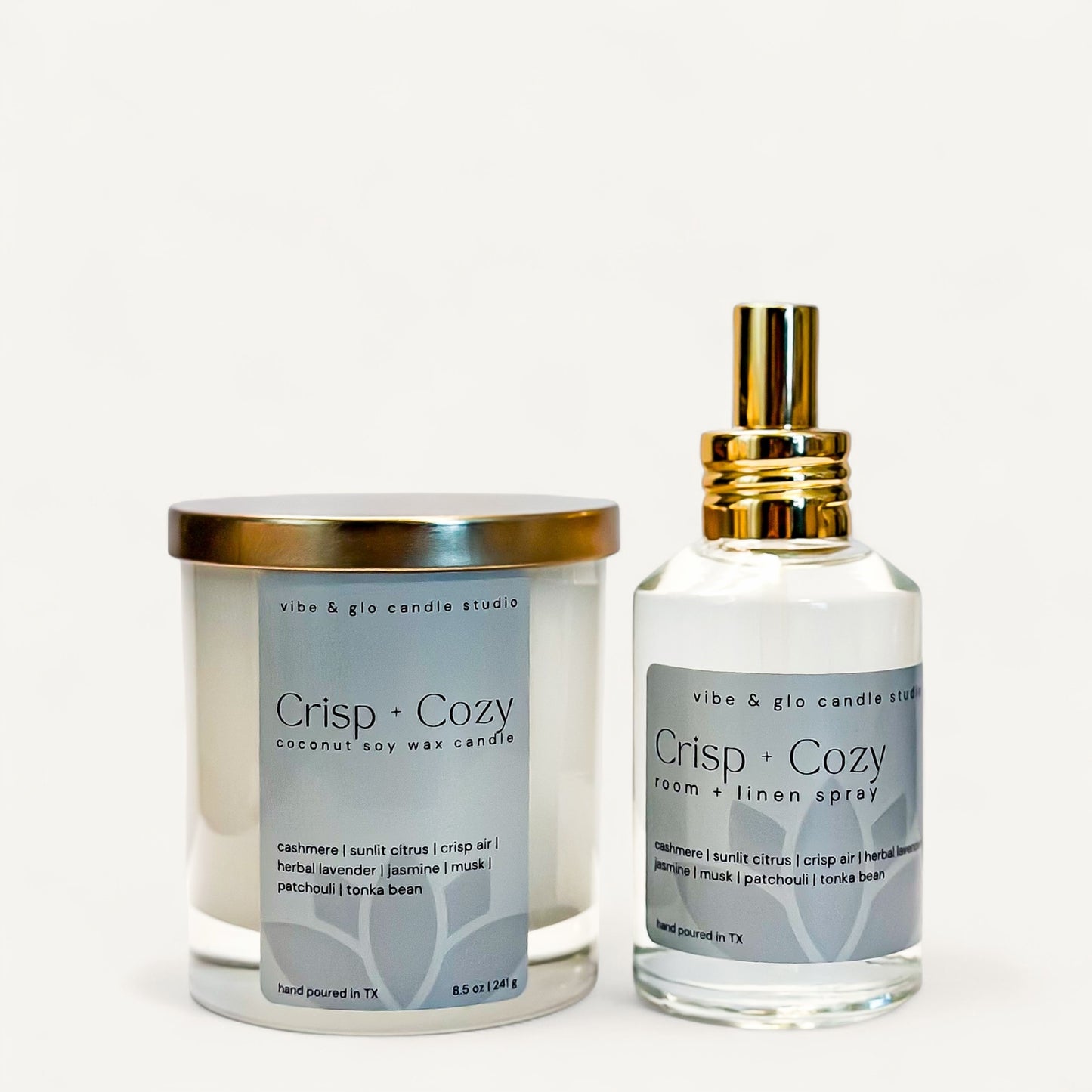 Crisp + Cozy Bundle featuring coconut soy candle and room & linen spray for cozy autumn ambiance.