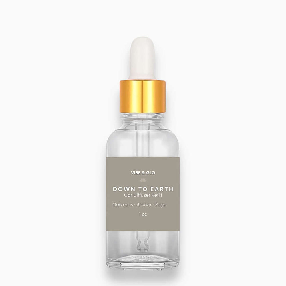 Clear bottle with gold cap and gray label on a white background