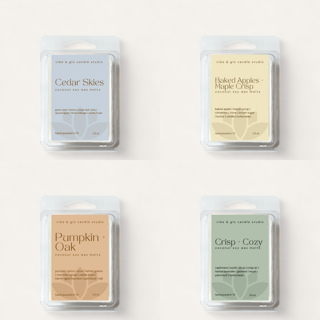 Fall Wax Melt Bundle showcasing Cedar Skies, Baked Apples + Maple Crisp, Pumpkin Oak, and Crisp + Cozy scents in hand-poured packaging.