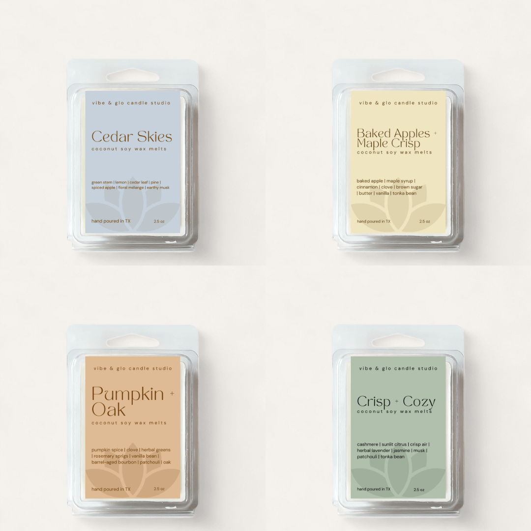 Fall Wax Melt Bundle showcasing Cedar Skies, Baked Apples + Maple Crisp, Pumpkin Oak, and Crisp + Cozy scents in hand-poured packaging.