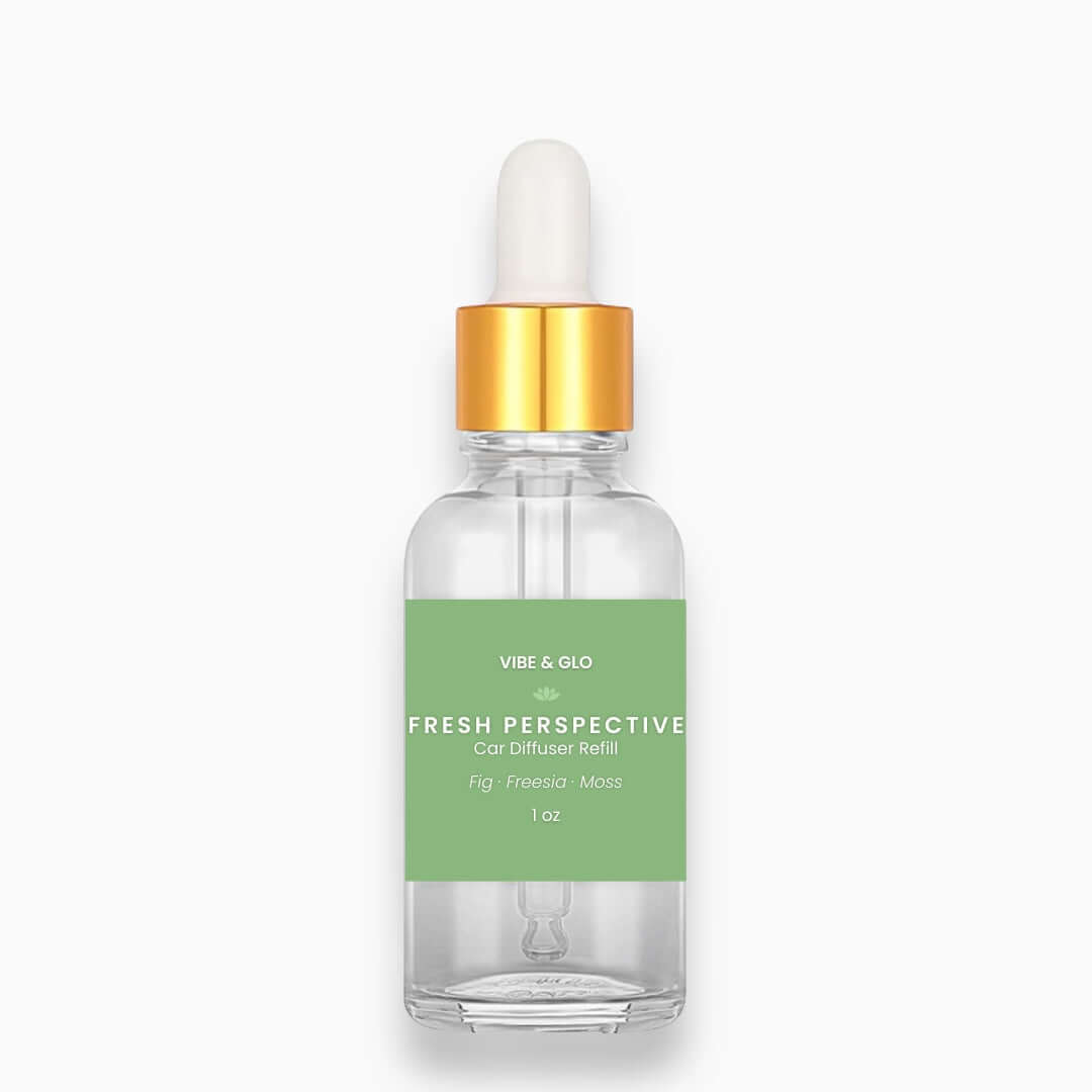 Vibe & Glo Fresh Perspective car diffuser refill bottle on a white background