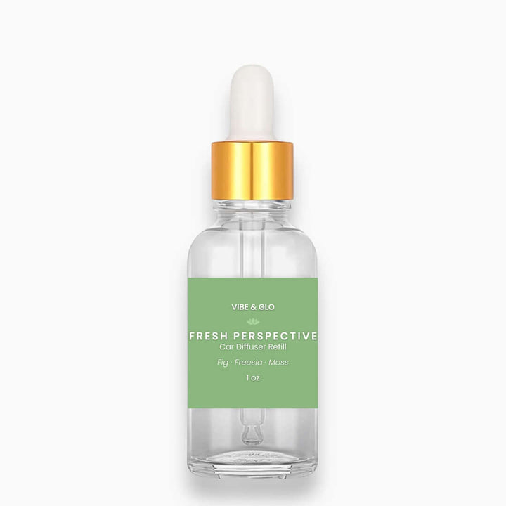 Vibe & Glo Fresh Perspective car diffuser refill bottle on a white background