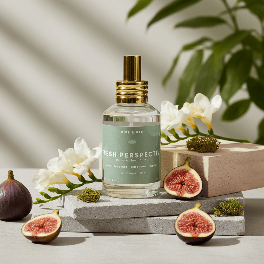 Perfume bottle labeled 'Fresh Perspective' with figs and flowers on a wooden surface