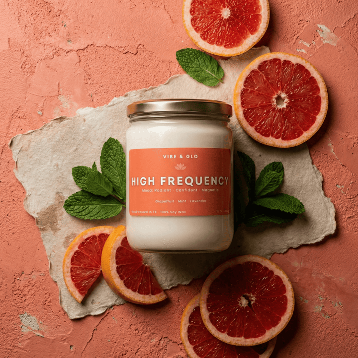 High Frequency 2-wick soy candle by Vibe & Glo styled in a flat lay with fresh grapefruit slices and mint leaves on a textured coral background, highlighting its bright citrus and herbal scent profile.