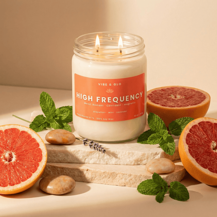 Lit High Frequency double wick soy candle by Vibe & Glo displayed on stacked stone with grapefruit, mint, and lavender accents, creating a fresh and uplifting home fragrance scene.