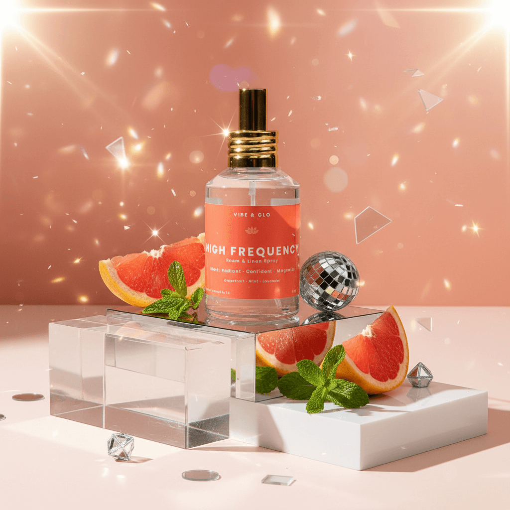 High Frequency room and linen spray bottle with grapefruit slices and mint leaves on a decorative stand against a sparkling background