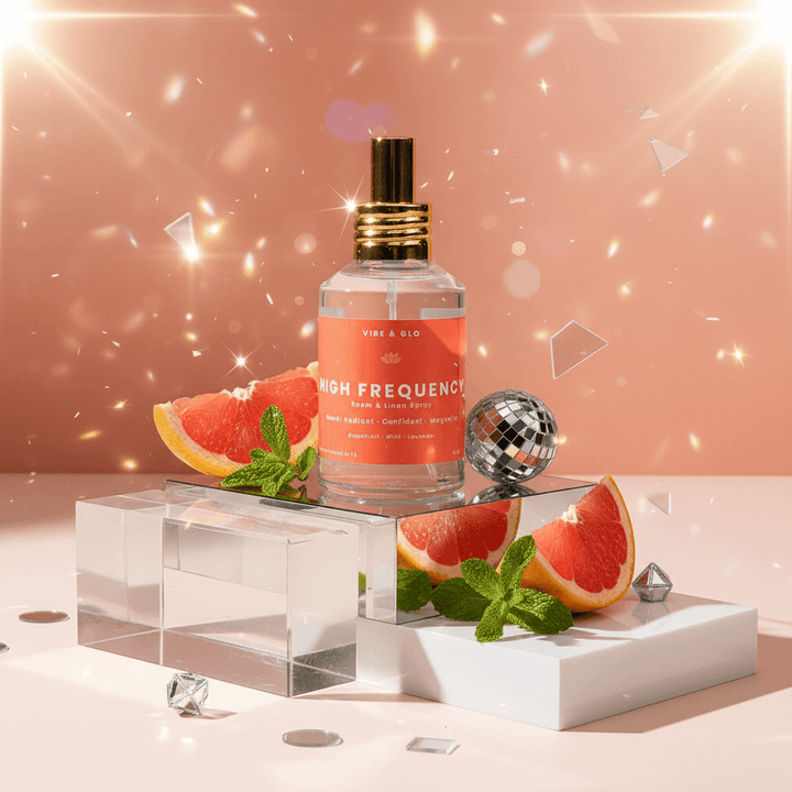 High Frequency room and linen spray bottle with grapefruit slices and mint leaves on a decorative stand against a sparkling background