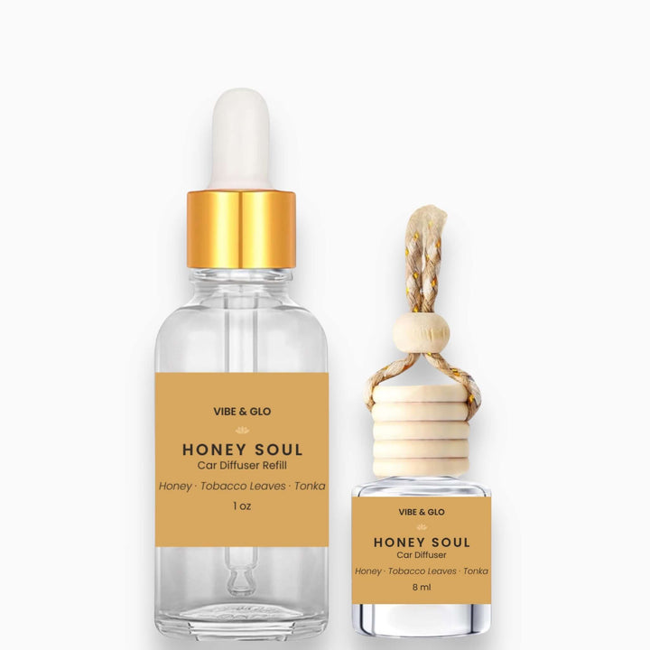 Vibe & Glo Honey Soul car diffuser refill set on a white background