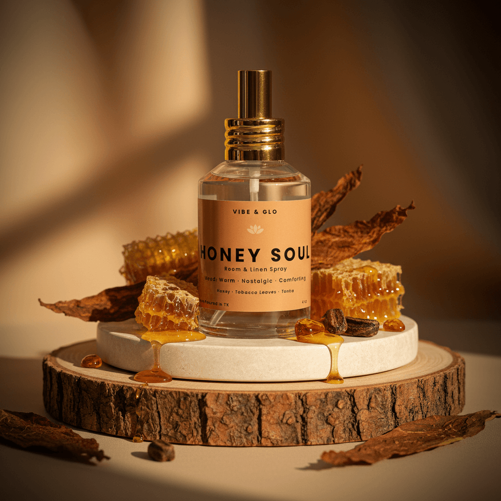 Honey Soul room & linen spray bottle on a wooden platform with honeycomb and leaves.