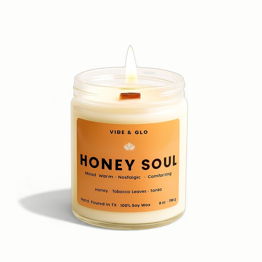 Candle in a jar labeled 'Honey Soul' by Vibe & Glo on a white background