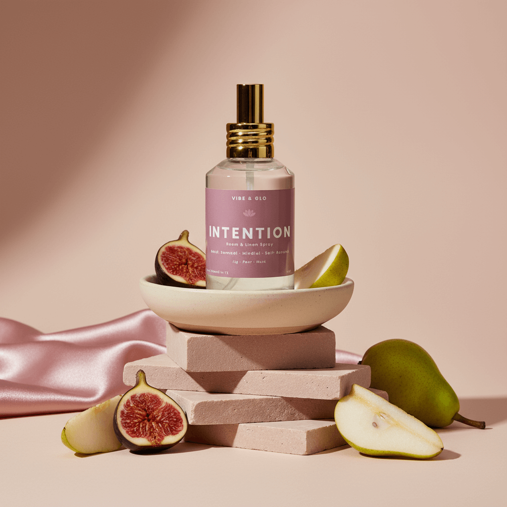 Spray bottle labeled 'Intention' with figs and a pear on a pink background