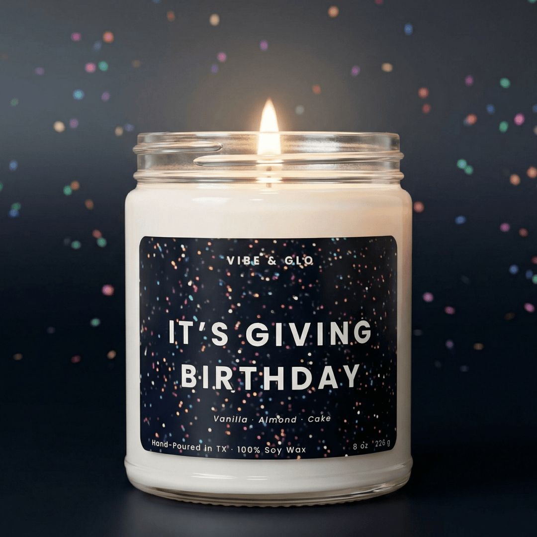 birthday celebration candle its giving birthday vanilla almond cake soy candle vibe and glo