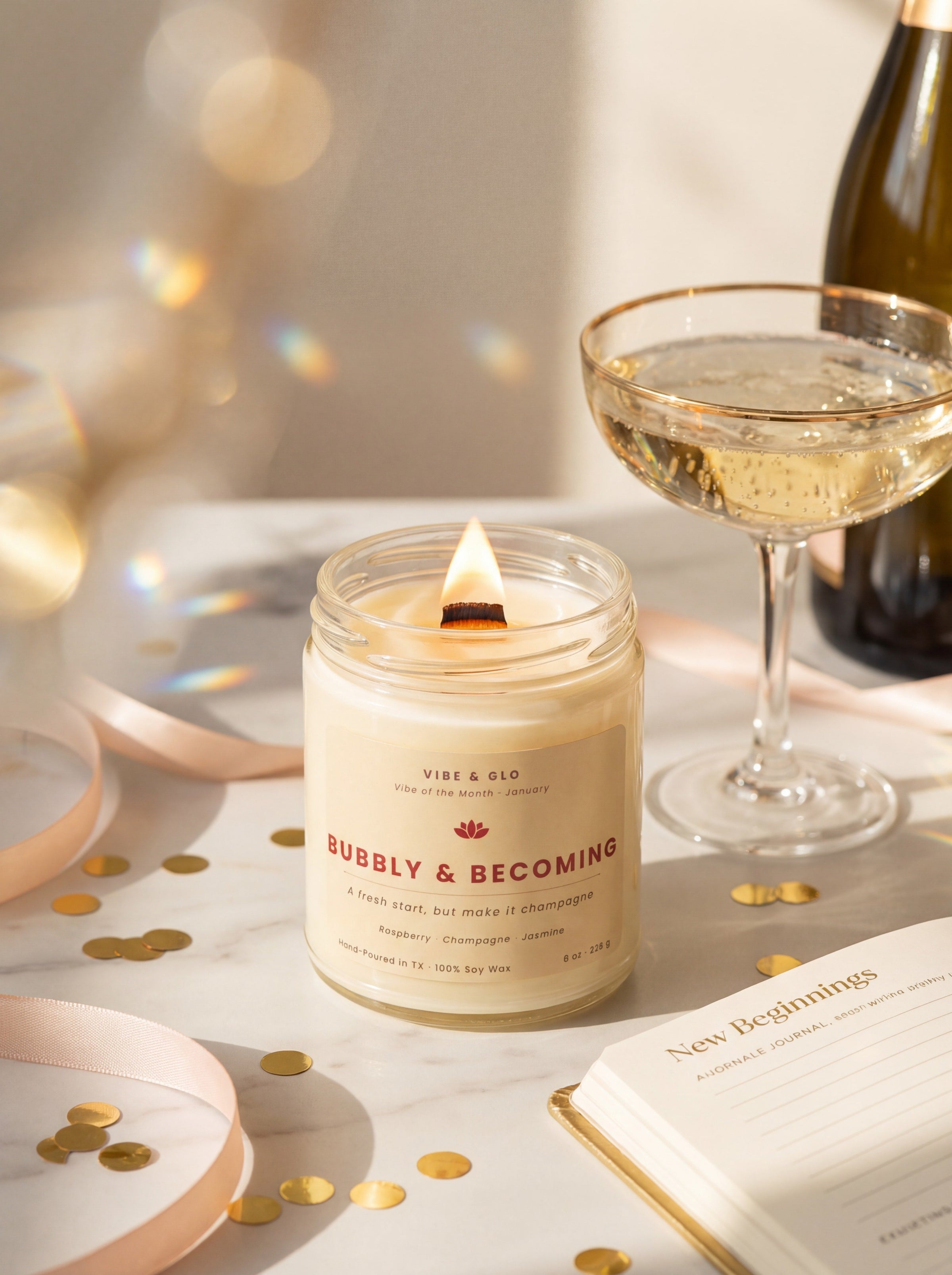 Candle labeled 'Bubbly & Becoming' next to a glass of champagne on a table with confetti.