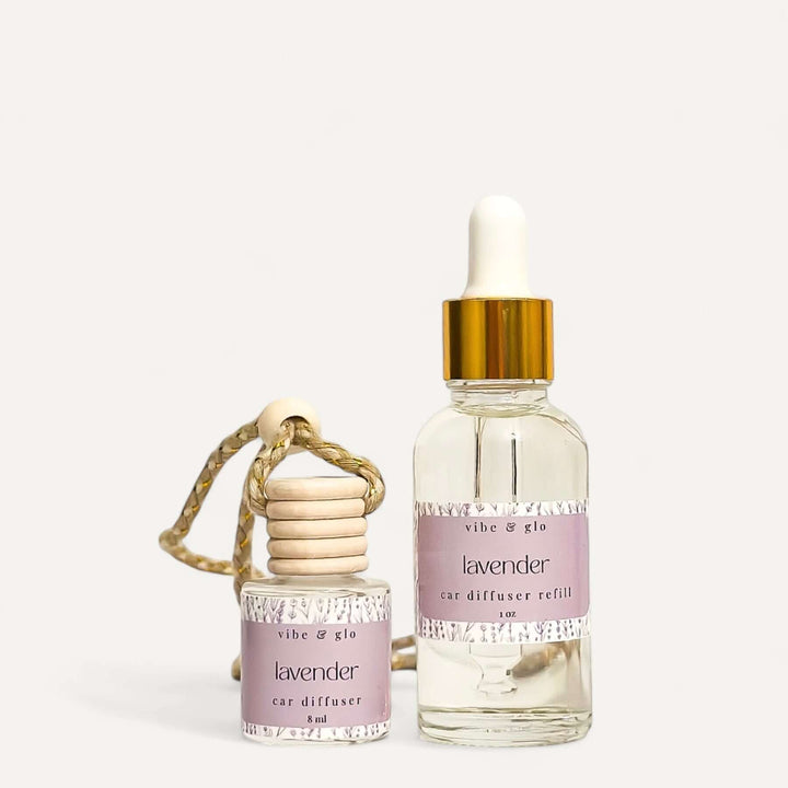 Car diffuser and lavender refill set featuring elegant design for a fresh-smelling vehicle.