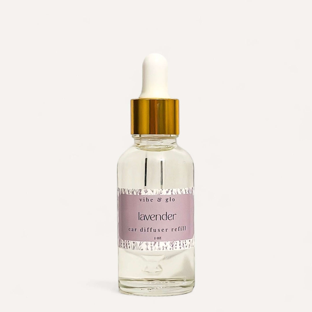 1 oz lavender car diffuser refill bottle from Vibe & Glo with dropper for a lasting scent in your vehicle.