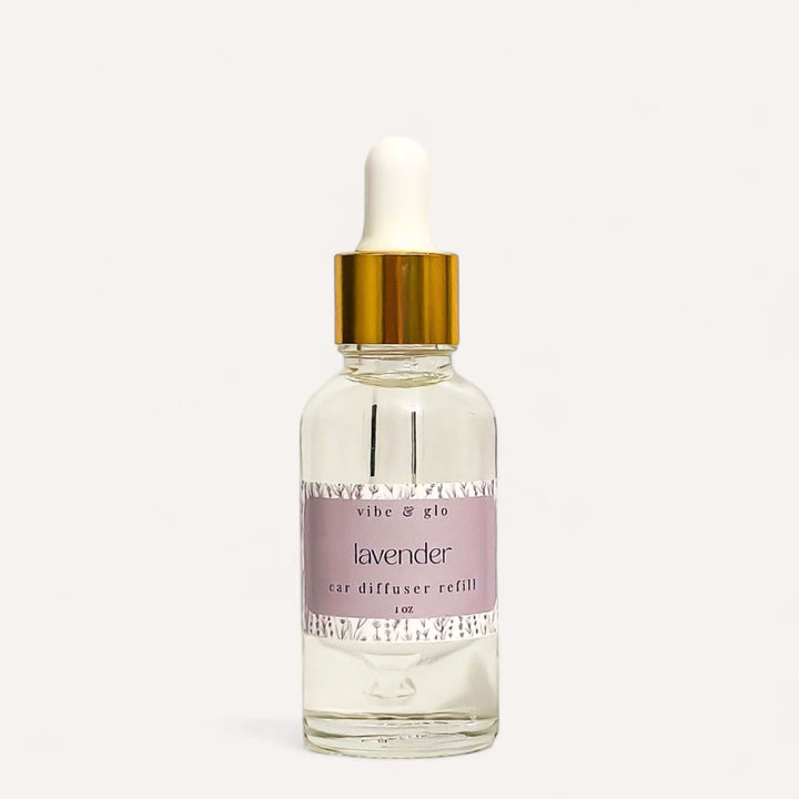 1 oz lavender car diffuser refill bottle from Vibe & Glo with dropper for a lasting scent in your vehicle.