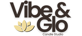 Logo of Vibe & Glo Candle Studio with a lotus design.
