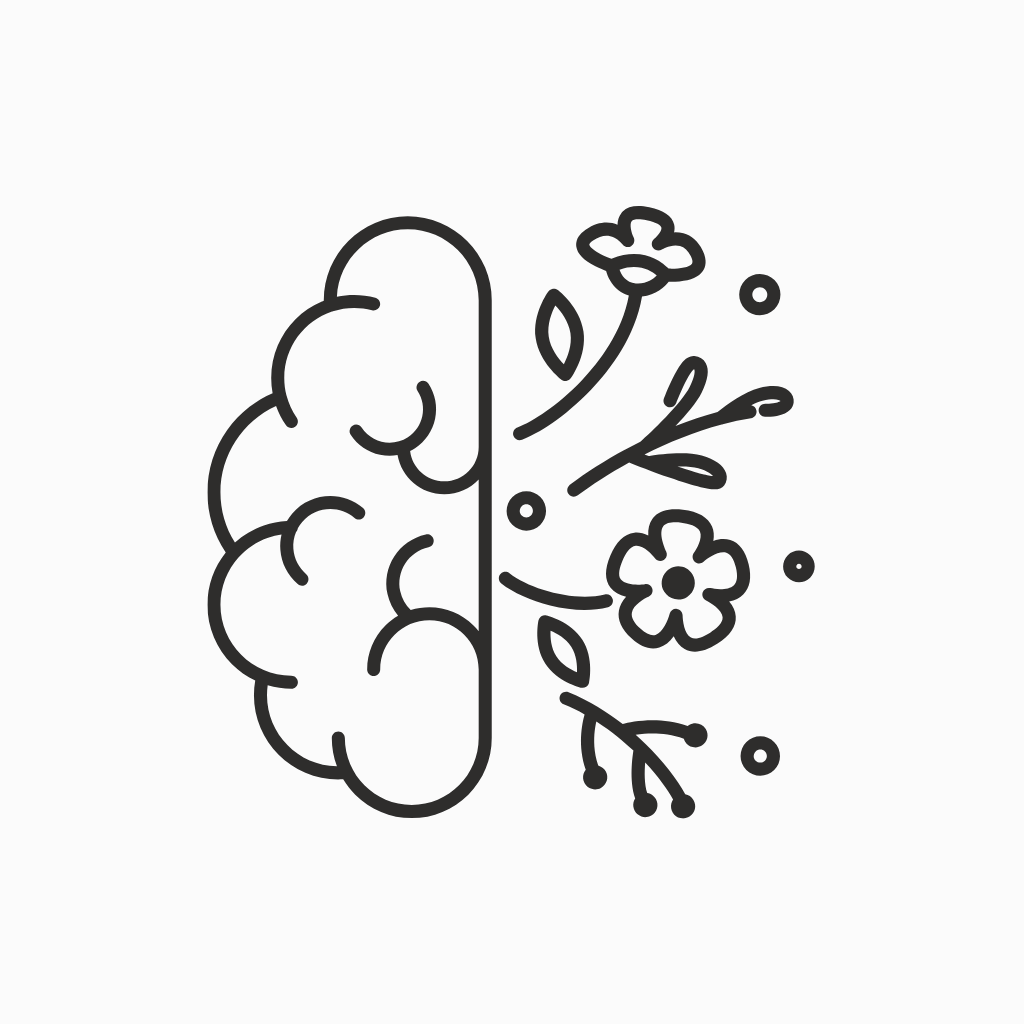 Minimalist black line art illustration of a brain with flowers and leaves blooming from one side, symbolizing mental health and creativity.