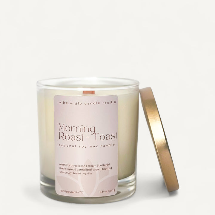 Morning Roast + Toast candle in glass jar with gold lid, featuring scents of coffee and toasted vanilla.