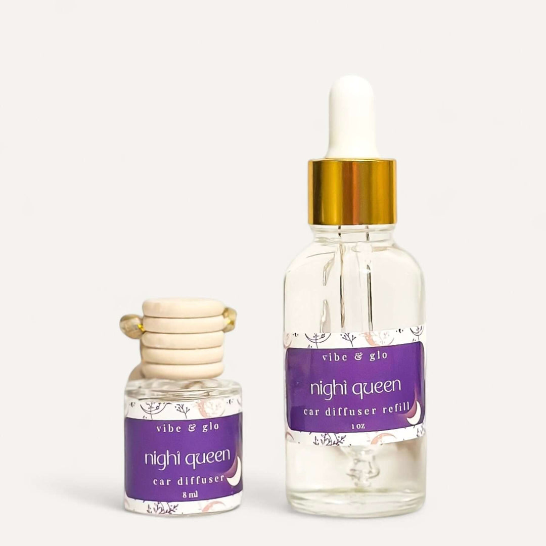Car diffuser and refill set with elegant design and purple labeling for a fresh car scent.