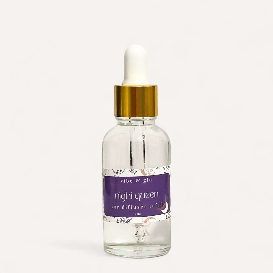 Vibe & Glo 1 oz Night Queen car diffuser refill bottle with dropper for hanging diffusers.