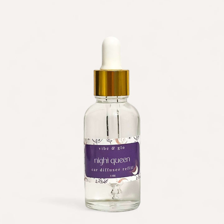 Vibe & Glo 1 oz Night Queen car diffuser refill bottle with dropper for hanging diffusers.