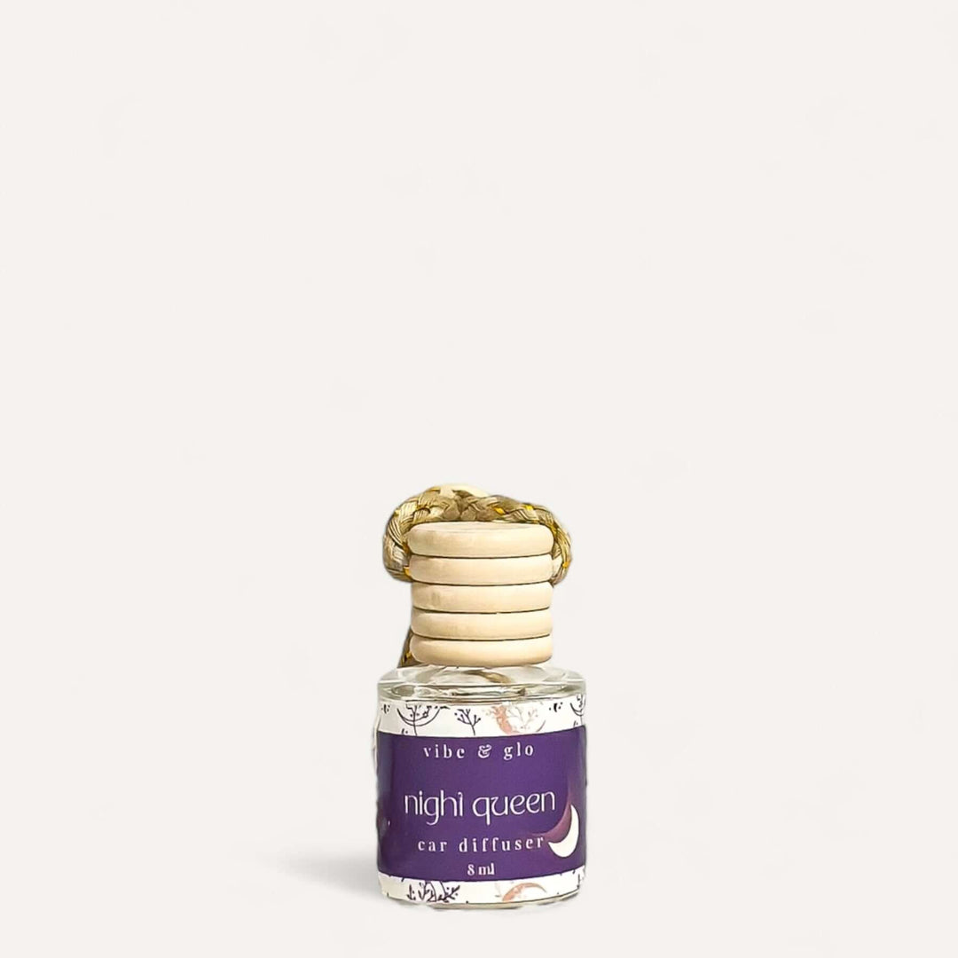 Vibe & Glo Nigh Queen car diffuser with natural wooden beads for refreshing scents in your vehicle.