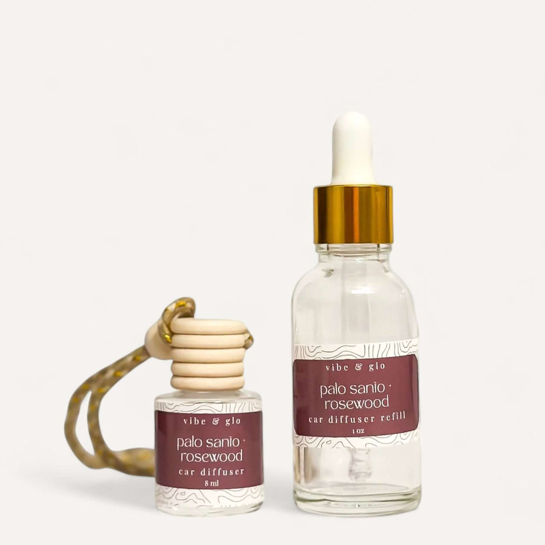 Palo Santo Rosewood car diffuser and refill set, featuring elegant design and soothing fragrance for your vehicle.