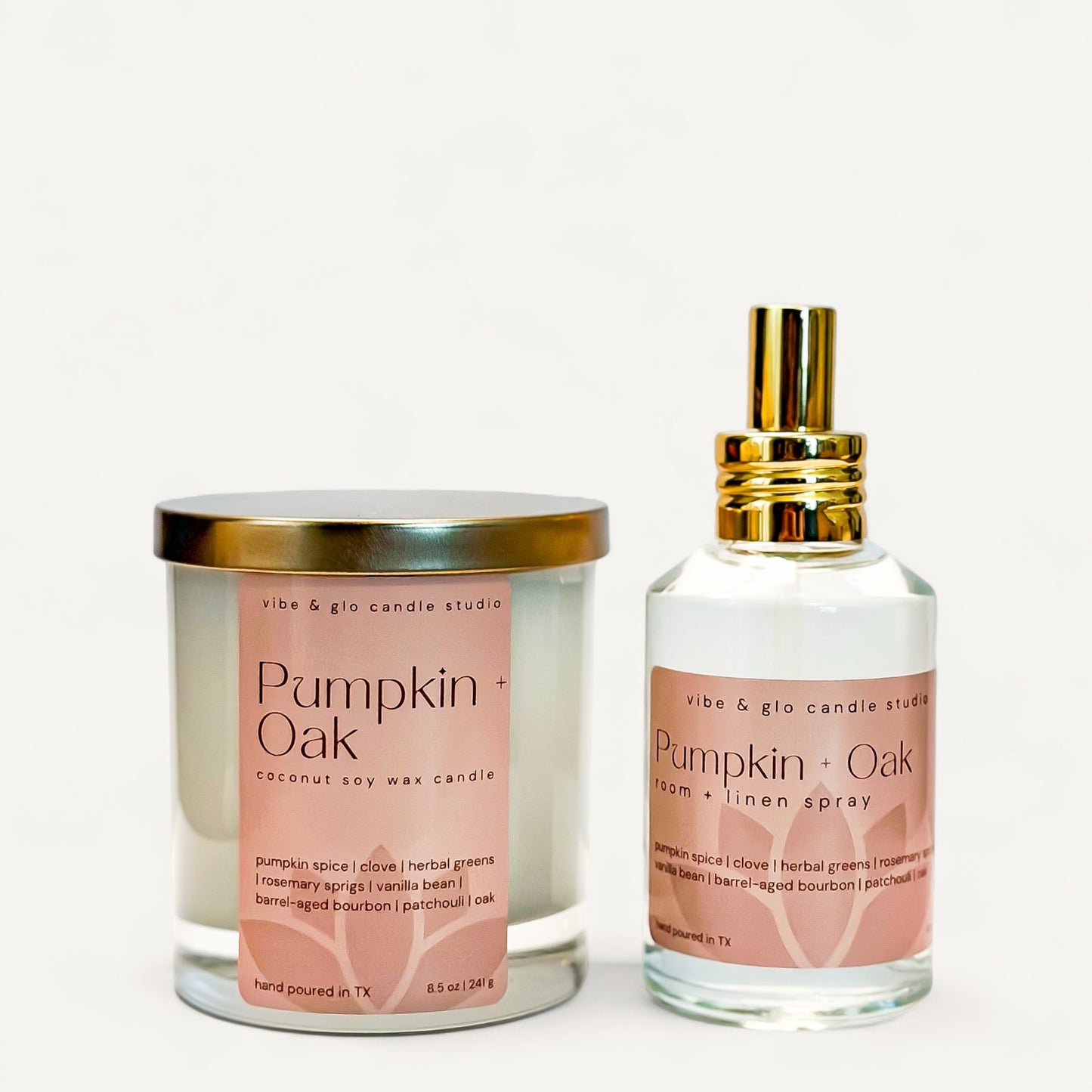 Pumpkin + Oak candle and room spray bundle featuring coconut soy wax and warm spiced fragrance.