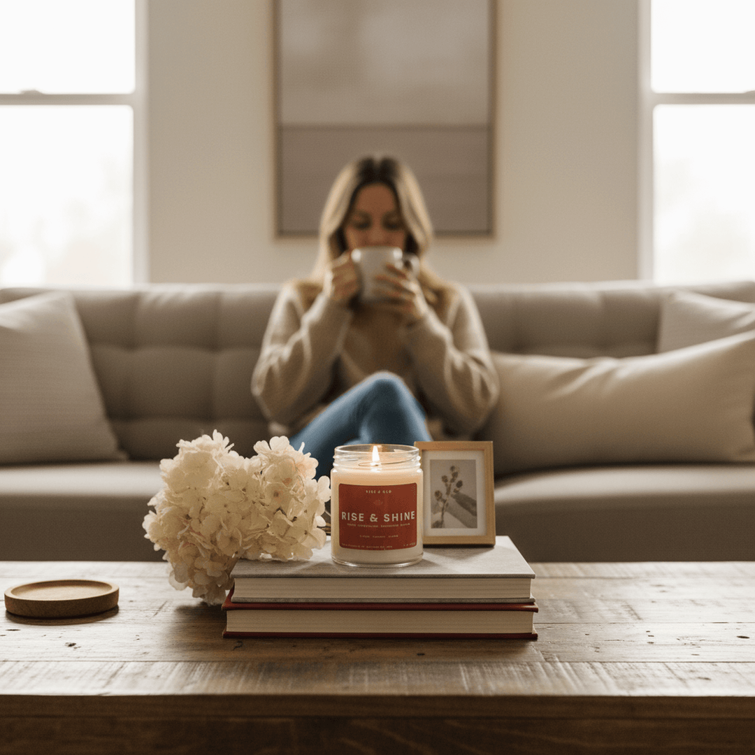 Woman sitting on a couch holding a mug with a candle and books on a coffee table in the foreground.