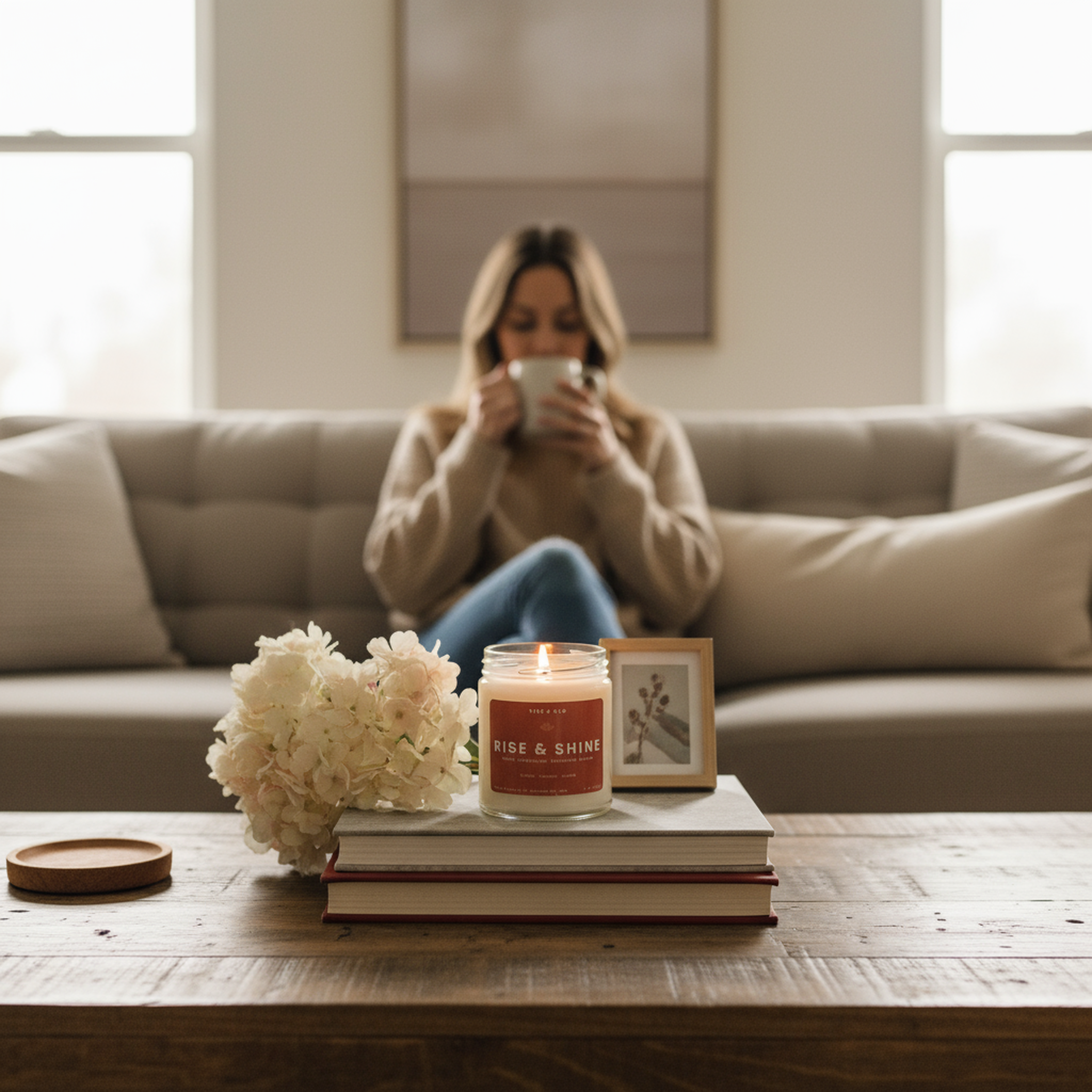 Woman sitting on a couch holding a mug with a candle and books on a coffee table in the foreground.